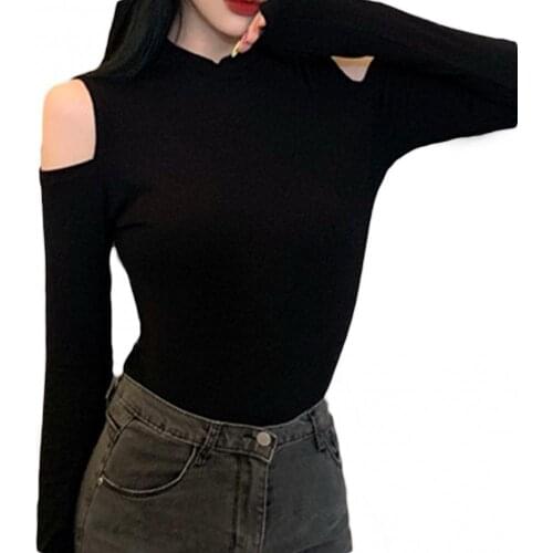Women Autumn Solid Color Cold Shoulder Long Sleeve Blouse Mock Neck Slim T-shirt