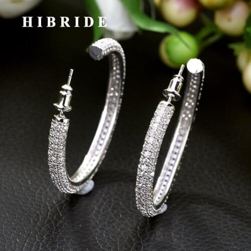 HIBRIDE 2019 New Design Circle Round Red and Blue Cubic Zirconia Crystal White Color Big Hoop Earrings for Women Gift E-453
