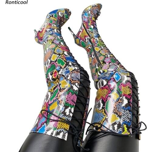 Ronticool Handmade Women Summer Over The Knee Boots Lace Up Stiletto High Heels Peep Toe Snake Patter Casual Shoes US Size 5-15