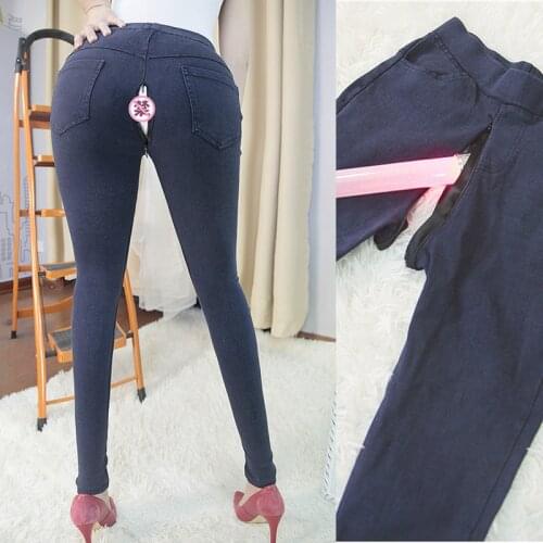 Womens Outdoor Sex Pants Clothes Leggings Open Crotch Double Zipper Jeans Skinny Denim Trousers High Waist Sexy Exotic Costumes