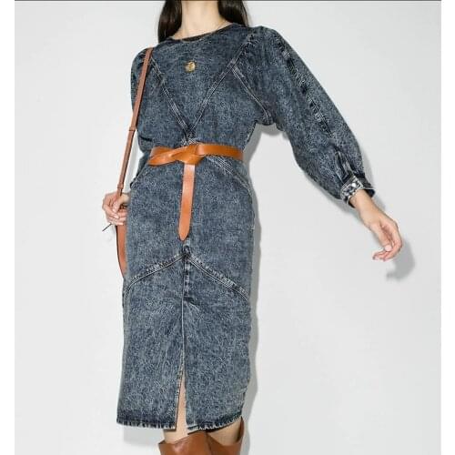 Women Dress 2020 Autumn and Winter New Round Neck Front Slit Lantern Sleeve Wash Water Retro Womens Denim Dress(Without Belt)