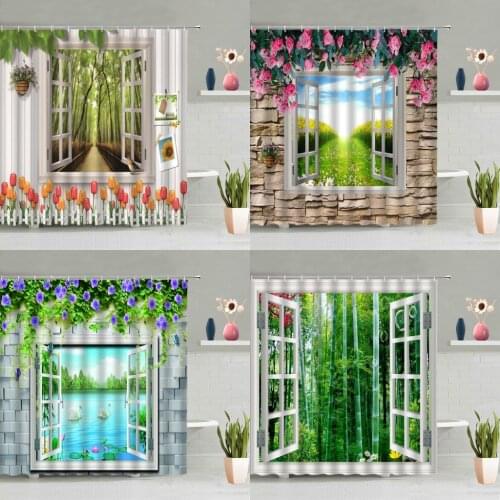 3D Window View Shower Curtain Brick Wall Green Forest Bamboo Plants Pink Flowers River Scenery Bathtub Decor Screen Washable