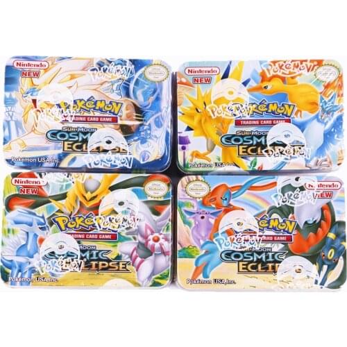 42Pcs/box Pokemon TCG: Sun & Moon Cosmic Eclipse Metal Box Gold Card Evolutions Anime Collectible Trading Card Set Toys