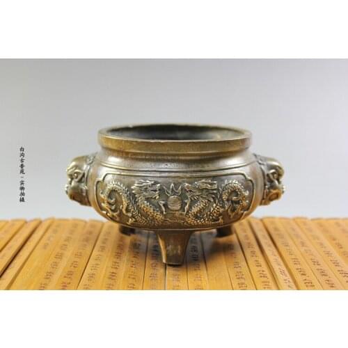 ANTIQUE BRONZE PURE COPPER OLD BRASS CRAFTS PURE COPPER INCENSE BURNER WITH TAOISM, BUDDHISM BUDDHA ANTIQUE PENJING COLLECTION