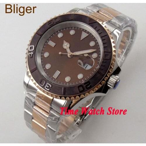 Bliger 40mm Miyota 8215 coffee sterial dial saphire glass Brushed Ceramic Bezel gold case Automatic movement Mens watch BL60