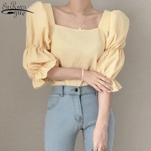 French Chic Sweet Women Solid Tops 2021 Summer Blouse Square Collar Shirring Bubble Sleeve Blouse Elegant Shirt Blusas 13824