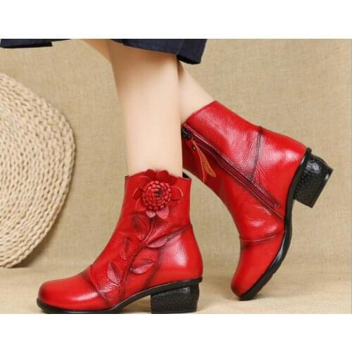 Women Ankle Boots Flower Woman Genuine Leather Ladies Fashion Zip Autumn Winter Comfort Female Shoes red black Womens Boots