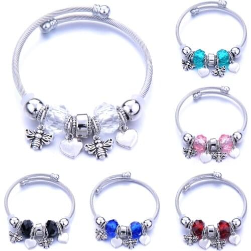 6 colors Open spring Bangles Beaded Bracelet Fit Jewelry Bee Love shape Trendy Elastic metal beading Bracelet Jewelry