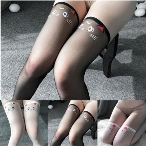 Sex Women Ladies Erotic printing Cat face girl Kawaii Fashion Stockings Sheer Thigh Highs With Elastic Striped Comfortable Soft