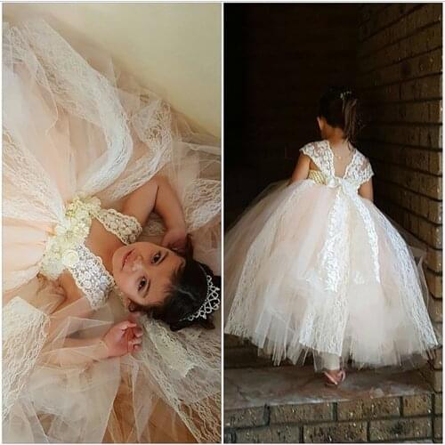 Ivory Champagne Lace Girl Dress with White Chiffon Rhinestone Flower and Lace Sleeve Straps Ankle Length Wedding Baby Girl Dress