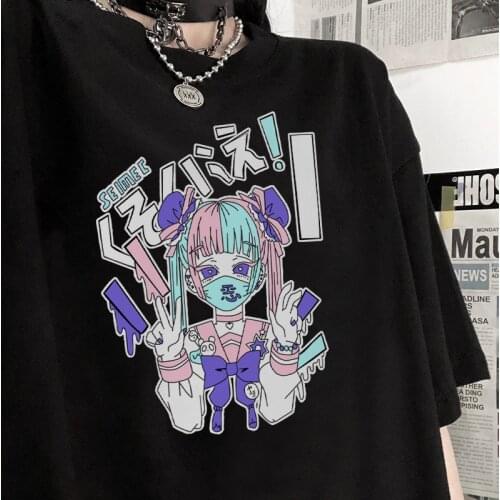 Harajuku Streetwear Ulzzang personality clothing Japan casual loose anime girls dark T-shirt Summer Vintage chic fun female tops