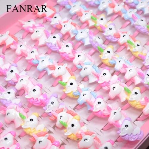 Wholesale 50/100PCS Mix Cartoon Horse Unicorn Finger Girls Kids baby Rings Children Costume Birthday Party Supplies toy Gifts