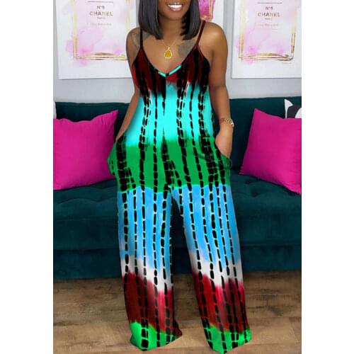 Women Tie Dye V Neck Strap Pocket Loose Female Lady Clothing Summer Casual Jumpsuit Romper Overalls Playsuit Wide Leg Pants