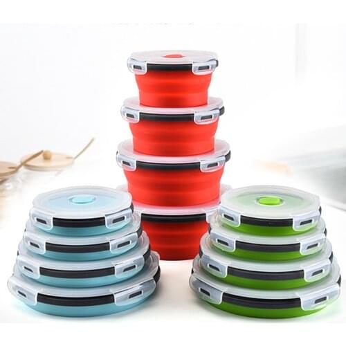 Round Silicone Foldable Bento Box Portable Foldable Microwave Food Box Salad Snack Bowl with Lid