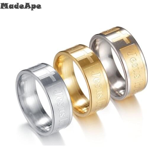 MadApe Christian Ring Juses Letters Cross Ring Top Quality 316L Stainless Steel Women Men Engagement Rings For Female Male