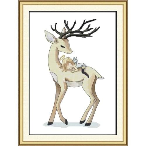 Joy Sunday cross stitch kit Angel & deer handmade cross-stitch set DMC 14CT animal patterns printed canvas DIY embroidery set