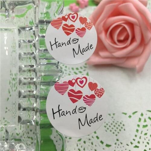Heart Printed Hand Made With Love Sticker Labels for Jewelry Carrying Cases Festival Gift Cake Boxes Decorations 100Pcs Two Size