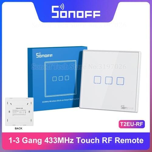 SONOFF T2EU-RF 86 Type Wall Panel Sticky 433MHz Wireless RF Remote 1-3 Gang 2-Way Control for 4CHPROR3 SlampherR2 TX Wall Switch