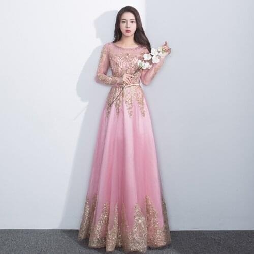 New Arrival Luxurious Appliques Evening Dress Long Charming Long Sleeve Zipper Back A line Dust Pink Formal Party Dress