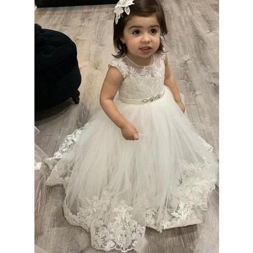 2-14 Years Flower Girl Dresses Jewel Pageant Gowns With Lace Applique A-Line Pearls Sashes Floor-Length Girl Formal Party Dress