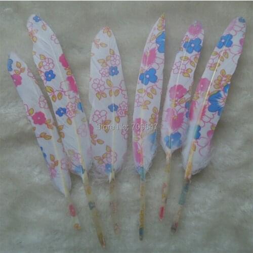 Plumes!50PCS/LOT!9-15CM Printable Goose Wing Feathers,White Feathers with Flowers printed,Craft feathers for millinery,wedding