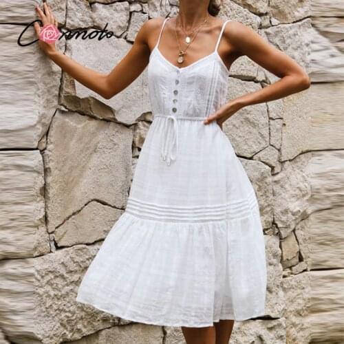 Conmoto Cotton White V-neck suspender women dress Summer Solid high waist ruffled A-line dresses Elegant lace-up button dress