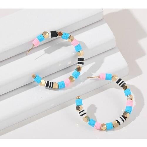Rainbery Boho Polymer Clay Heishi Beads Hoop Earings for Women Vintage Ethnic Multicolor Geometric Earrings Beach Surf Jewelry
