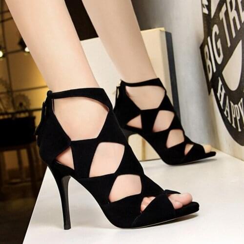 Womens shoes fine heel high-heeled fish mouth hollow sexy nightclub thin sandals Roman shoes