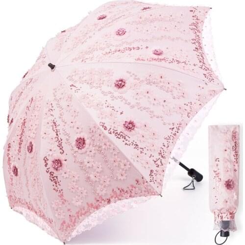 Ultraviolet-proof Embroidery Umbrella Quality Dual-Folding semi-Automatic Umbrella Rain Women Travel Compact wedding Umbrella