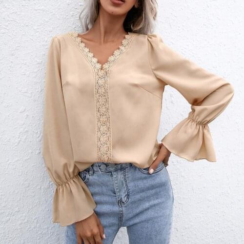 Spring White Blouse For Women Fashion Lace Sexy Elegant V Neck Flare Long Sleeve Plus Size Shirts Office Ladies Tops