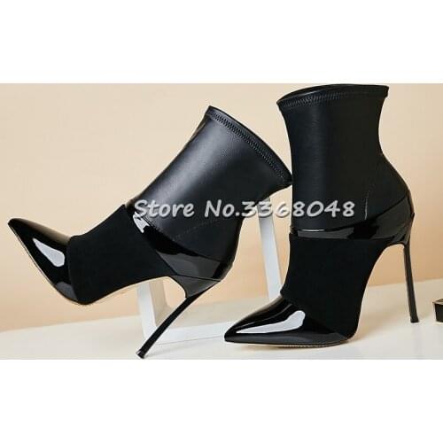 New Fashion Autumn Winter Black Patent Leather Ladies Blade Heel Ankle Boots Sexy Pointed Toe Slip On Women Stiletto Boots