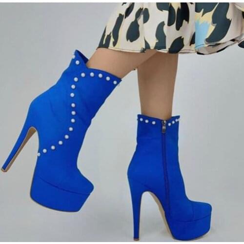 Romantic Women Winter Platform Ankle Boots Pearls Unisex Side Zipper Stiletto Heels Round Toe Blue Red Club Shoes US Size 5-20