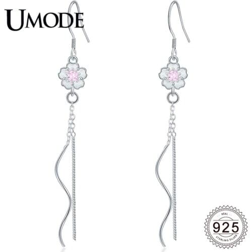 UMODE 2019 New 925 Sterling Silver Sakura Flower Long Tassel Drop Earrings for Women CZ Zircons Birthday Chain Jewelry ALE0629