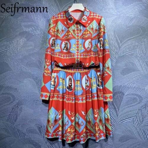 Seifrmann New 2021 Autumn Women Fashion Runway Skirt Set Long Sleeve Loose Blouses + High Waist Vintage Print A-Line Skirt Suits