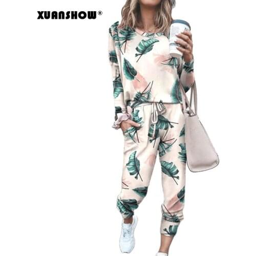 XUANSHOW 2020 Spring Autumn 2 Piece Set Tracksuit Women Print Flowers Tie-dye Two Piece Set Top and Long Pants Set Casual Suits