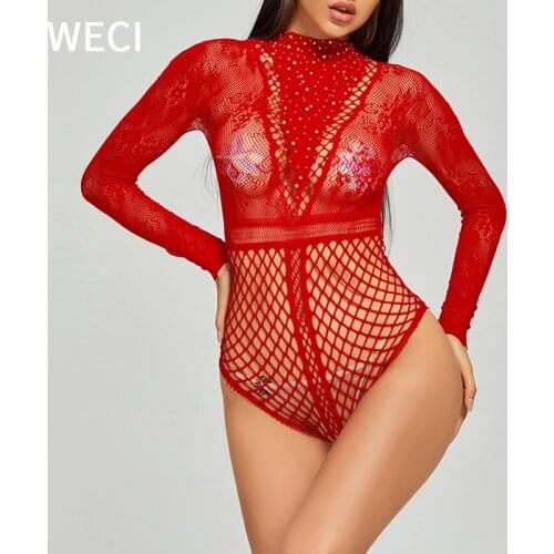 WECI Women Body Lace Fishnet Teddies Thong Bodysuit Long Sleeve Diamond Embroidery Mosaic Tights With Sparkles Sexiest Lingerie
