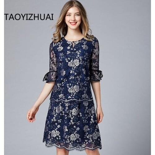 TAOYIZHUAI autumn two piece set casual style lace women dress loose elegant plus size above keen flower print party dress 16208