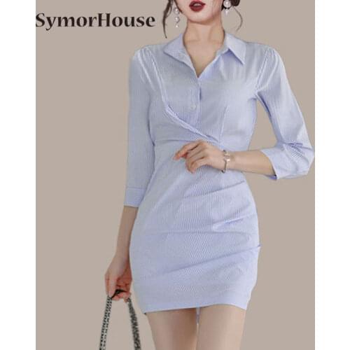 Women Vintage Wear to Work Elegant vestidos Business Party Bodycon Slim Office Pleated Female Stripe Shirts Pencil Dresses