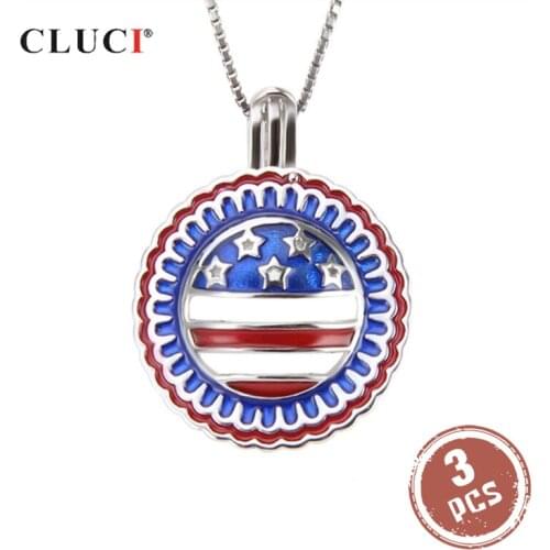 CLUCI 3pcs 925 Sterling Silver American Independence Day Cage Pendant Silver 925 USA Flag Design Pearl Locket Jewelry SC287SB