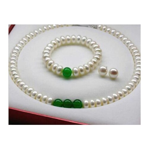 9x11mm White Akoya Cultured Pearl/Green Emerald Bracelets Necklace Earring
