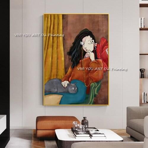 100% Handmade Abstract Art Girl Women with Cat Figure Canvas Oil Painting Modern Wall Art Poster in Living room Home Decoration