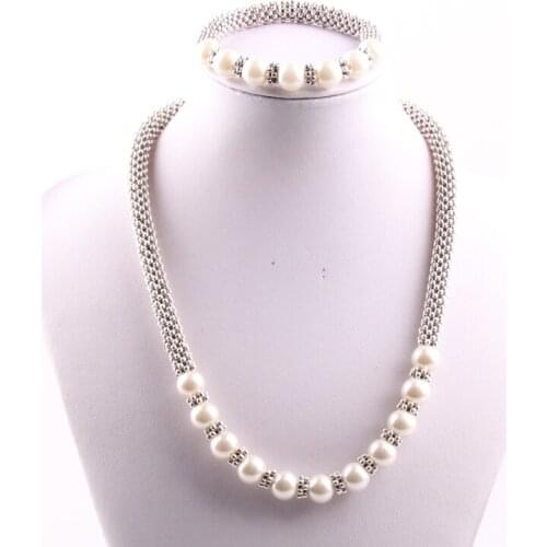 MOODPC Free shipping 10mm beige pearl with mesh beads Necklace and bracelet ladies Jewelry sets