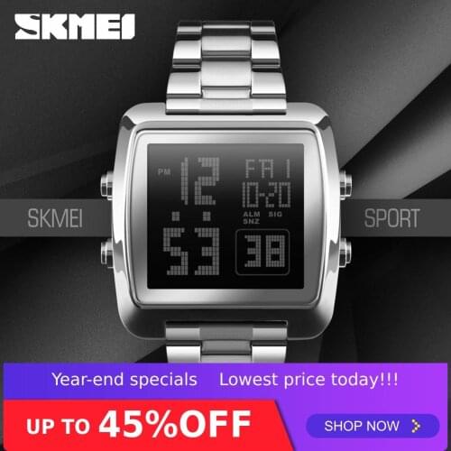 SKMEI Mens Digital Wristwatch 30M Waterproof Sport Wrist Watch Square Dial Stainless Steel Band Man Watch 1369