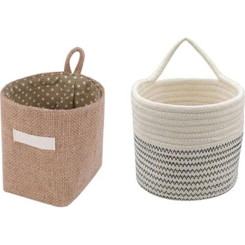 Cotton Linen Art Flower Pot Small Sack Hanging Jute Cotton Dot Storage Basket(Yellow Point) & Wall Rope Baskets