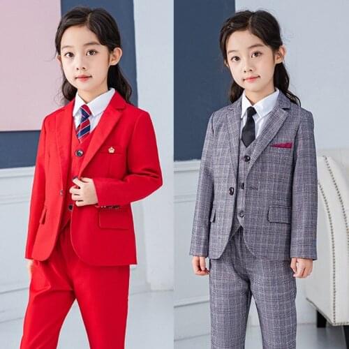 Spring Red Baby Girls Blazer Costume Dress For Wedding Performance Prom Childrens Formal Coat Vest Pants 3Pcs Outfits Gray,H128