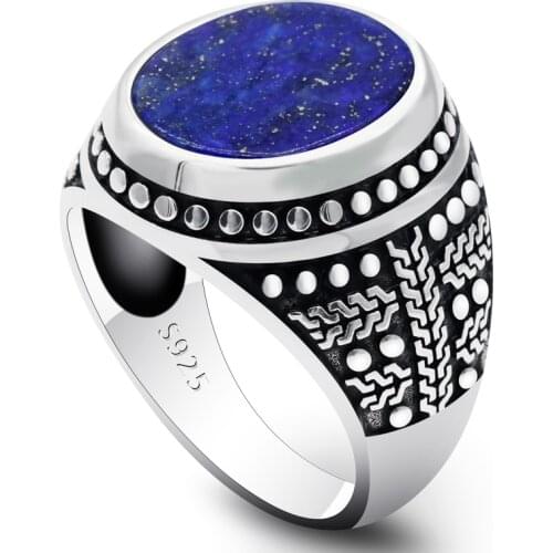 Lapis Lazuli Stone 925 Sterling Silver Mens Ring Flat Natural Blue Gemstone Ring Shofar Stacked Male Women Turkish Jewelry Gift
