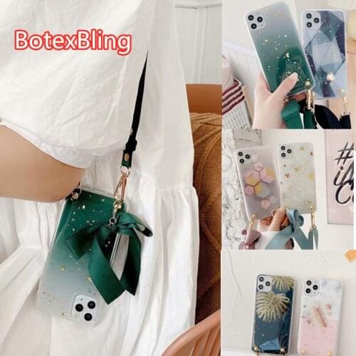 Cute Glitter plant leaf rhombus bow crossbody chain strap case for iPhone 11 12 Pro max case XS MAX 7 8 plus XR X 12MINI cover