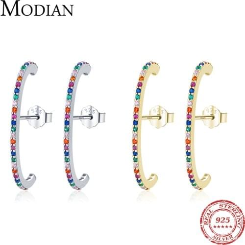 Modian 2021 New Trendy Luxury Rainbow Colorful Ear Studs 925 Sterling Silver Sparkling CZ Stud Earrings For Women Girls Jewelry