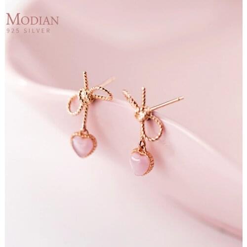 Modian Vintage Pattern Swing Pink Hearts Stud Earrings Classic Fashion 100% 925 Sterling Silver Bowknot Jewelry For Women Gift