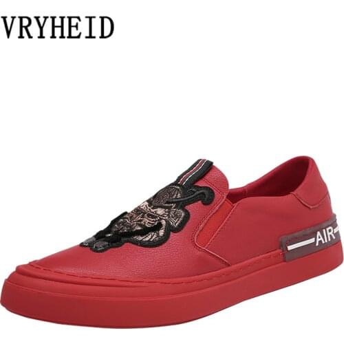 VRYHEID Genuine Leather Men Loafers Luxury Brand Slip On Moccasins Flat Fashion Designer Shoes For Men Red Casual Driving Shoes